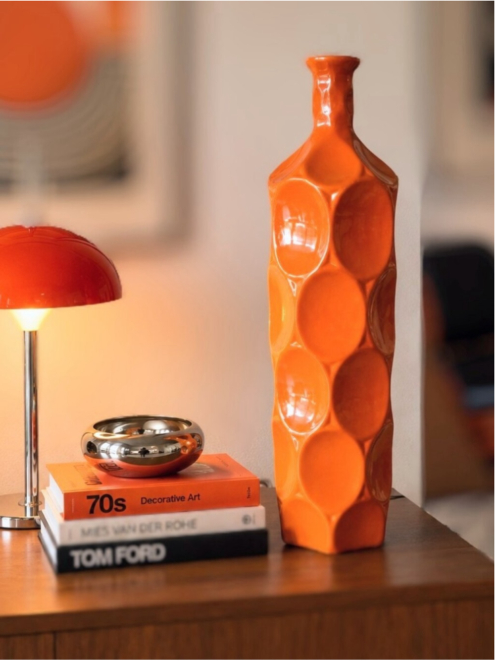 Vintage 1970s Orange Ceramic Vase | 17.5" Tall Mod Geometric Vase | Space Age - Picture 1 of 5